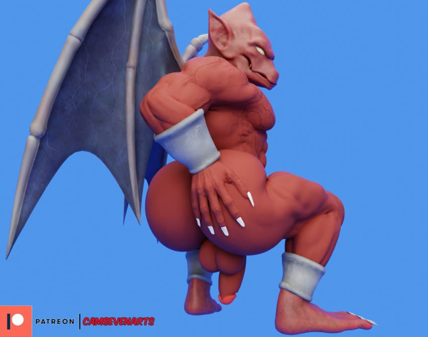 3d anklet ass balls big_butt blender_(artwork) bracelet camseven capcom crouching demon demon&#039;s_crest digital_media_(artwork) empty_eyes firebrand gargoyle gargoyle&#039;s_quest genitals ghosts_&#039;n_goblins hand_on_butt hi_res huge_butt humanoid_genitalia humanoid_penis humanoid_pointy_ears jewelry male male_only marvel_vs._capcom_infinite membrane_(anatomy) membranous_wings muscular nude patreon penis presenting presenting_hindquarters rear_view red_arremer red_body simple_background solo wings