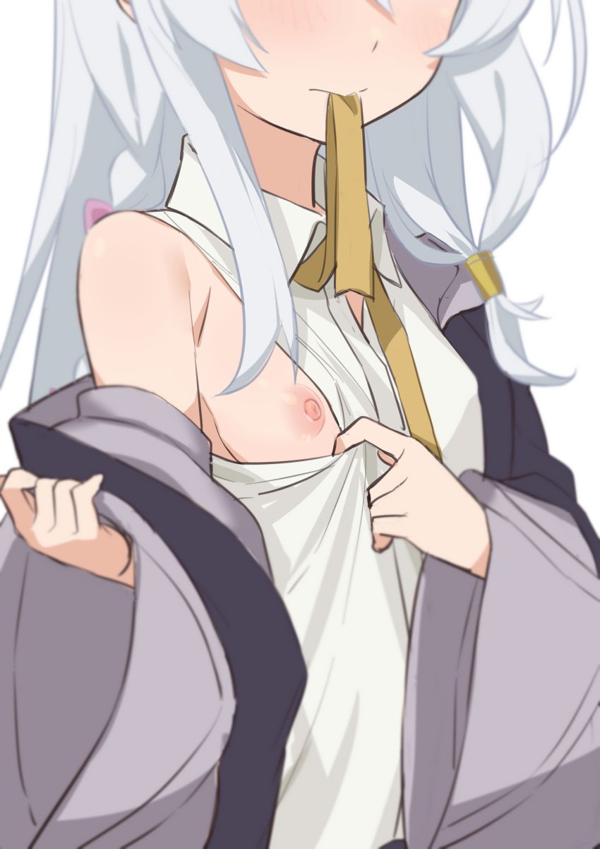 blush breasts closed_mouth clothes_pull collared_shirt elaina_(majo_no_tabitabi) eyes_out_of_frame female flashing highres long_hair majo_no_tabitabi morisobo mouth_hold neck_ribbon nipples off_shoulder ribbon robe shirt shirt_pull single_bare_shoulder sleeveless sleeveless_shirt small_breasts solo upper_body white_background white_shirt yellow_ribbon