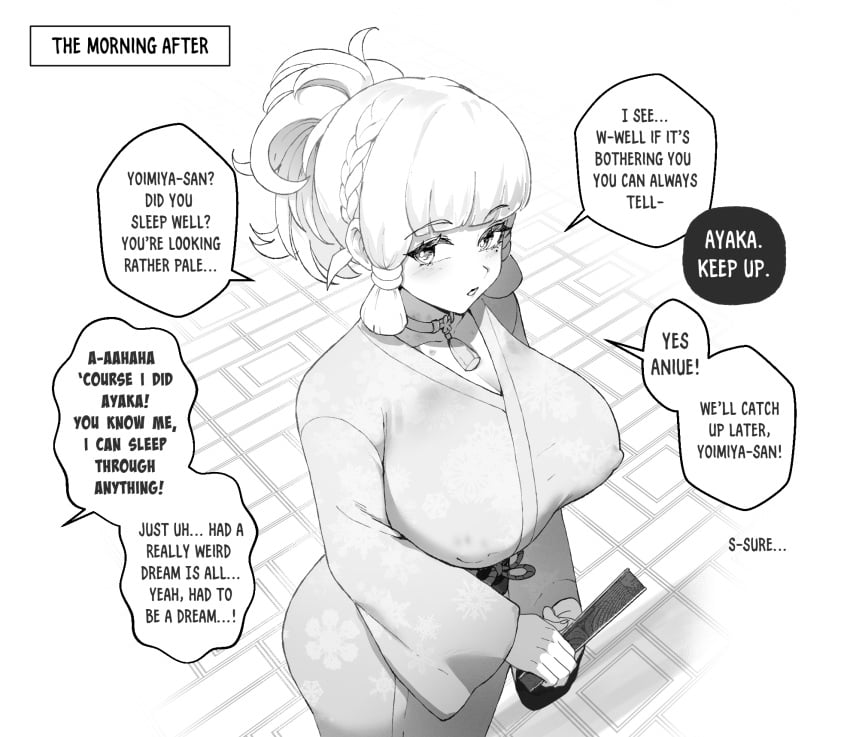 1girls black_and_white breasts choker dialogue english_text erect_nipples erect_nipples_under_clothes female_only genshin_impact greyscale kamisato_ayaka kimono large_breasts monochrome solo solo_female text thiccwithaq