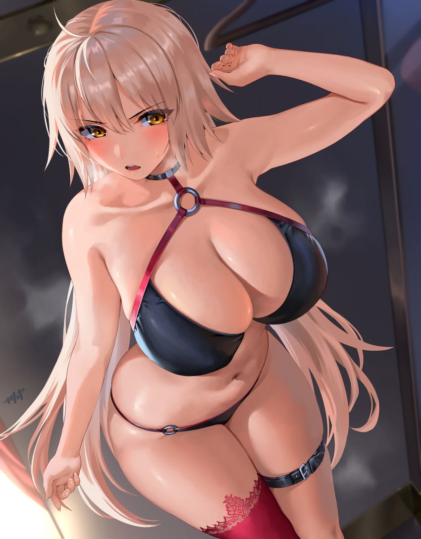 1girls bikini breasts cleavage fate/grand_order fate_(series) female hips huge_breasts jeanne_alter jeanne_alter_(swimsuit_berserker) kisaragi_tsurugi light-skinned_female light_skin long_hair thick_thighs thighs white_hair wide_hips