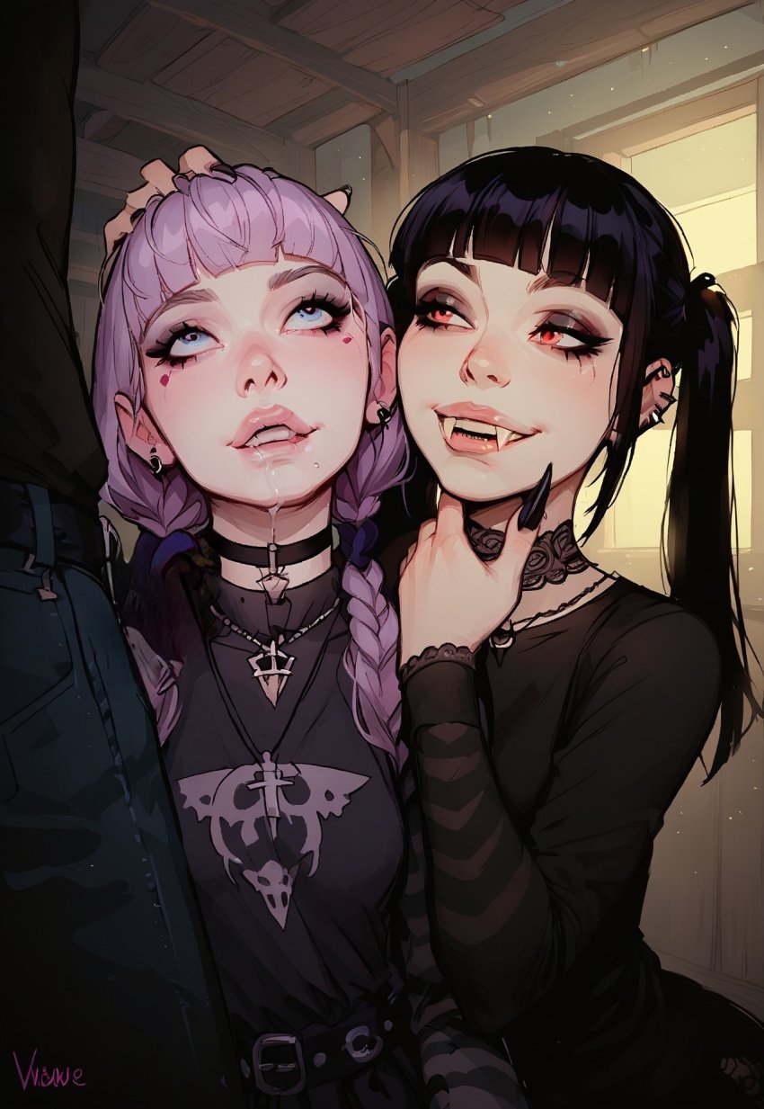 2girls ai_generated fangs goth goth_girl hypnosis imminent_oral long_fingernails mind_control thinking vampire