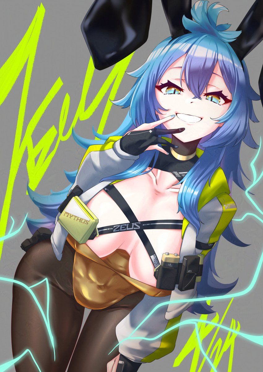 1girls blue_eyes blue_hair blue_nails breasts bunnysuit clothed clothing fake_animal_ears fake_rabbit_ears female female_only fingerless_gloves gloves huge_breasts light-skinned_female light_skin mythoshq solo uhen virtual_youtuber zeus_(vtuber)