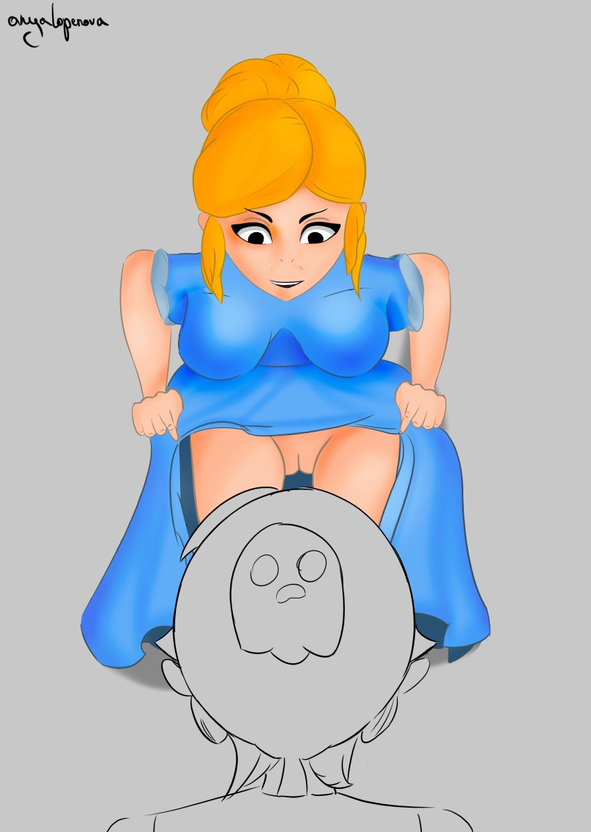 1boy 1girls anyalopa blue_clothing brawl_stars colored dress female gus_(brawl_stars) highres line_art male piper_(brawl_stars) pussy yellow_hair