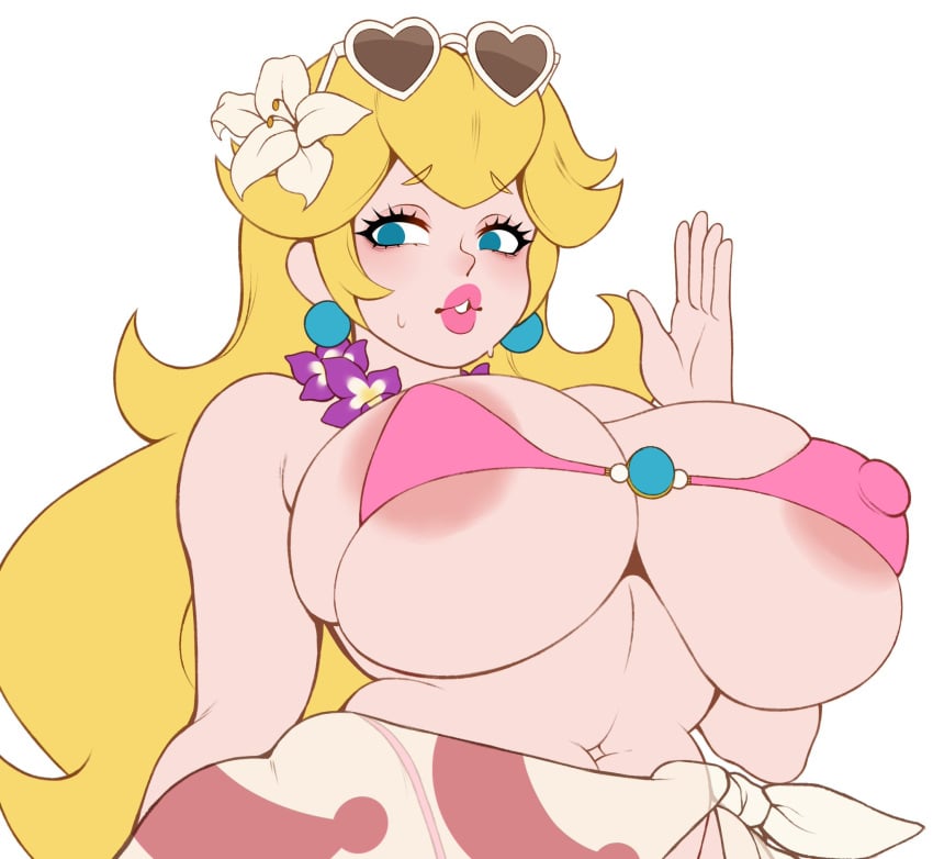 1girls areola_slip big_breasts bikini blue_eyes breasts earrings lipstick mario_(series) nintendo nipple_bulge nipples nipples_visible_through_clothing princess_peach seductive_look slim_waist suavicreamdraws sunglasses super_mario_bros. sweatdrop white_background white_fur yellow_hair