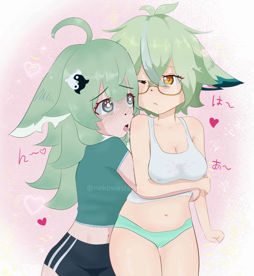 clothed cute drooling fox fox_ears genshin_impact glasses green_hair honkai:_star_rail honkai_(series) hugging_from_behind huohuo_(honkai:_star_rail) kemonomimi licking pajamas sleepover spit sucrose_(genshin_impact) sweat yurihaven.com