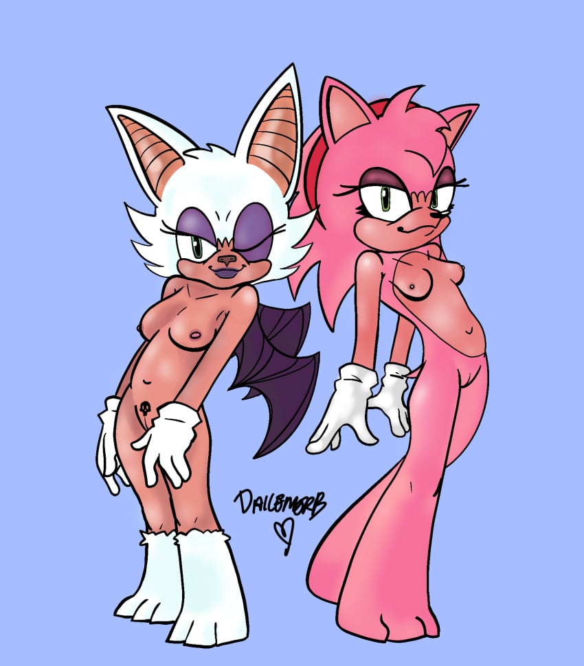 2girls 4_fingers amy_rose animal_ears anthro artist_name artist_signature bat bat_wings dailemorb ears eyelashes female female_only full_body fur furry furry_female game_character gloves gloves_only green_eyes hair hair_ornament heart_symbol looking_at_viewer makeup naked nipples nude pink_fur pink_hair pink_skin pose posing pussy rouge_the_bat short_hair simple_background skull_symbol smile smiling smug sonic sonic_(series) sonic_the_hedgehog sonic_the_hedgehog_(series) tail white_fur white_gloves white_hair wings wink