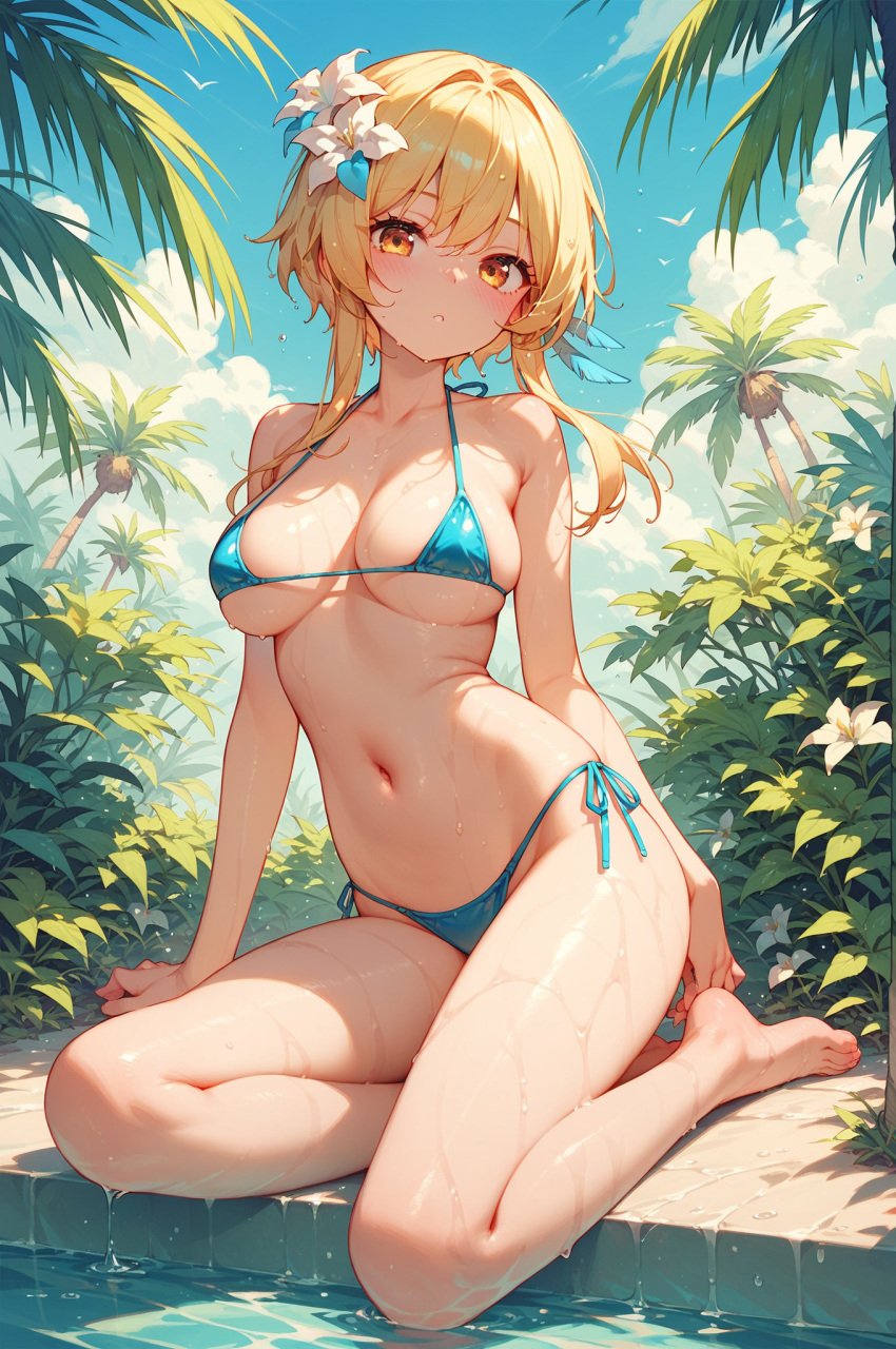 1girls absurd_res ai_generated bikini breasts dripping_water genshin_impact large_breasts lumine_(genshin_impact) micro_bikini ministro navel sitting solo solo_female swimsuit water wet_body