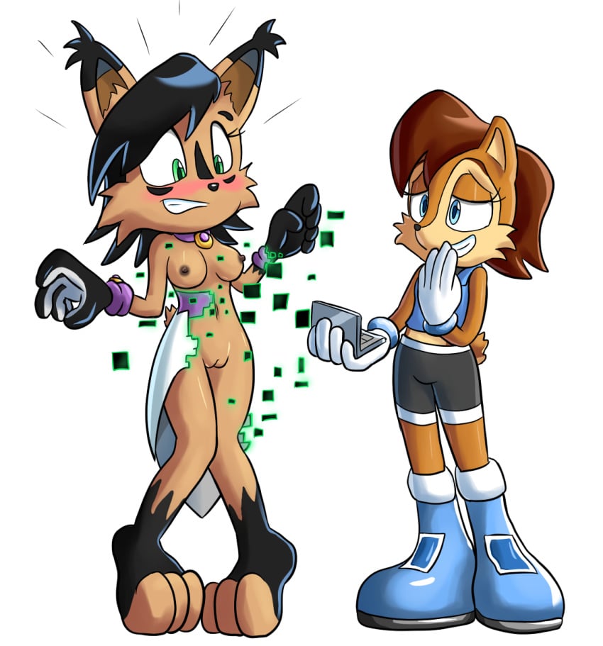 anthro blush breasts chipmunk duo feline female goshaag laugh lynx mammal nicole_the_lynx pussy rodent sally_acorn sega sonic_(series)