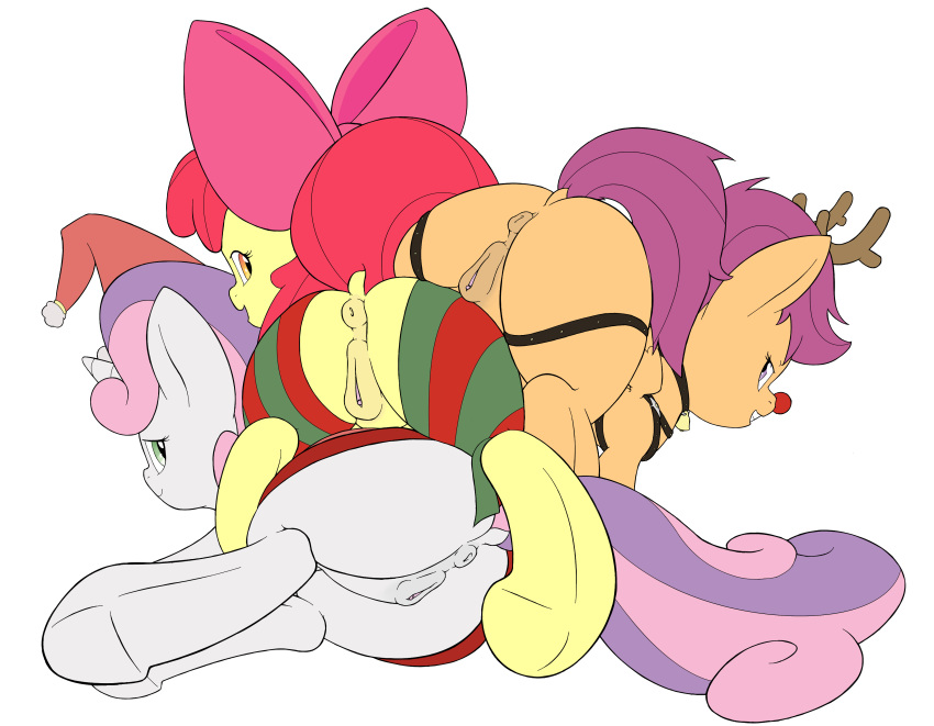 alpha_channel amber_eyes antlers anus apple_bloom_(mlp) ass bell cutie_mark_crusaders earth_pony equine female friendship_is_magic green_eyes group hair_on_head holidays horn horse legwear looking_at_viewer mammal my_little_pony pegasus pony presenting presenting_hindquarters purple_eyes pussy ribbons scootaloo_(mlp) smile stockings sweetie_belle_(mlp) unicorn vulapa wings young