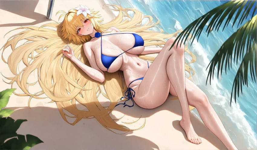 ai_generated archetype_earth arcueid_brunestud big_breasts big_breasts blonde_hair breasts curvy fate/grand_order flower full_body hair_ornament huge_boobs huge_breasts large_boobs large_breasts laying laying_down long_hair looking_at_viewer plump red_eyes resting seducing swimsuit thick thick_thighs top_heavy tsukihime type-moon vampire vampire_girl voluptuous voluptuous_female wide_hips