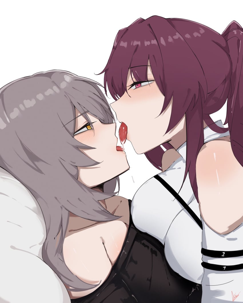 2girls absurdres arnkun bare_shoulders black_shirt blush breast-to-breast breasts french_kiss grey_hair highres honkai:_star_rail honkai_(series) imminent_kiss kafka_(honkai:_star_rail) kissing large_breasts long_hair multiple_girls open_mouth pillow ponytail purple_eyes purple_hair saliva saliva_drip shirt simple_background stelle_(honkai:_star_rail) strapless strapless_shirt tongue tongue_out trailblazer_(honkai:_star_rail) white_background white_shirt yellow_eyes yuri