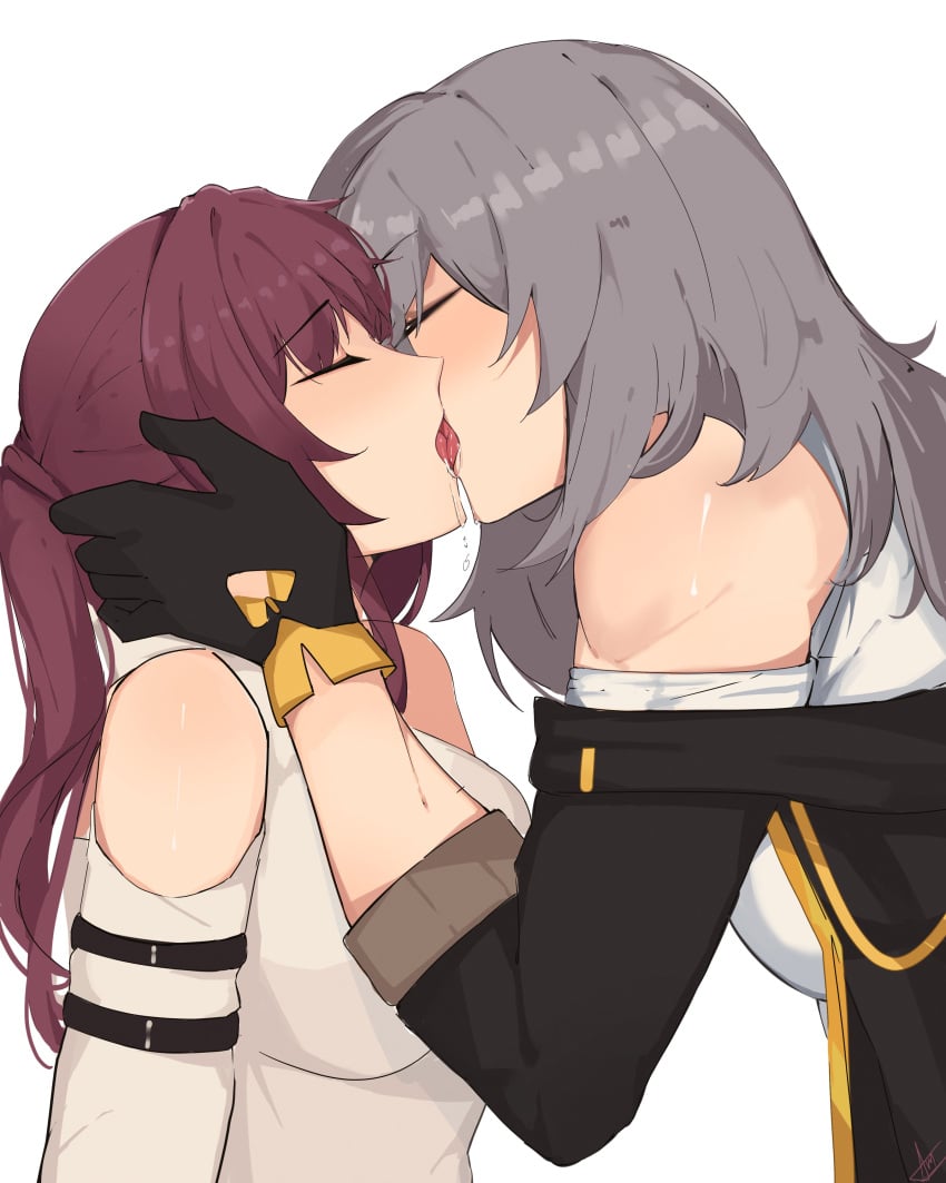 2girls arnkun holding_head honkai:_star_rail honkai_(series) hoyoverse kafka_(honkai:_star_rail) kissing saliva saliva_string stelle_(honkai:_star_rail) tagme tongue_kiss trailblazer_(honkai:_star_rail) yuri