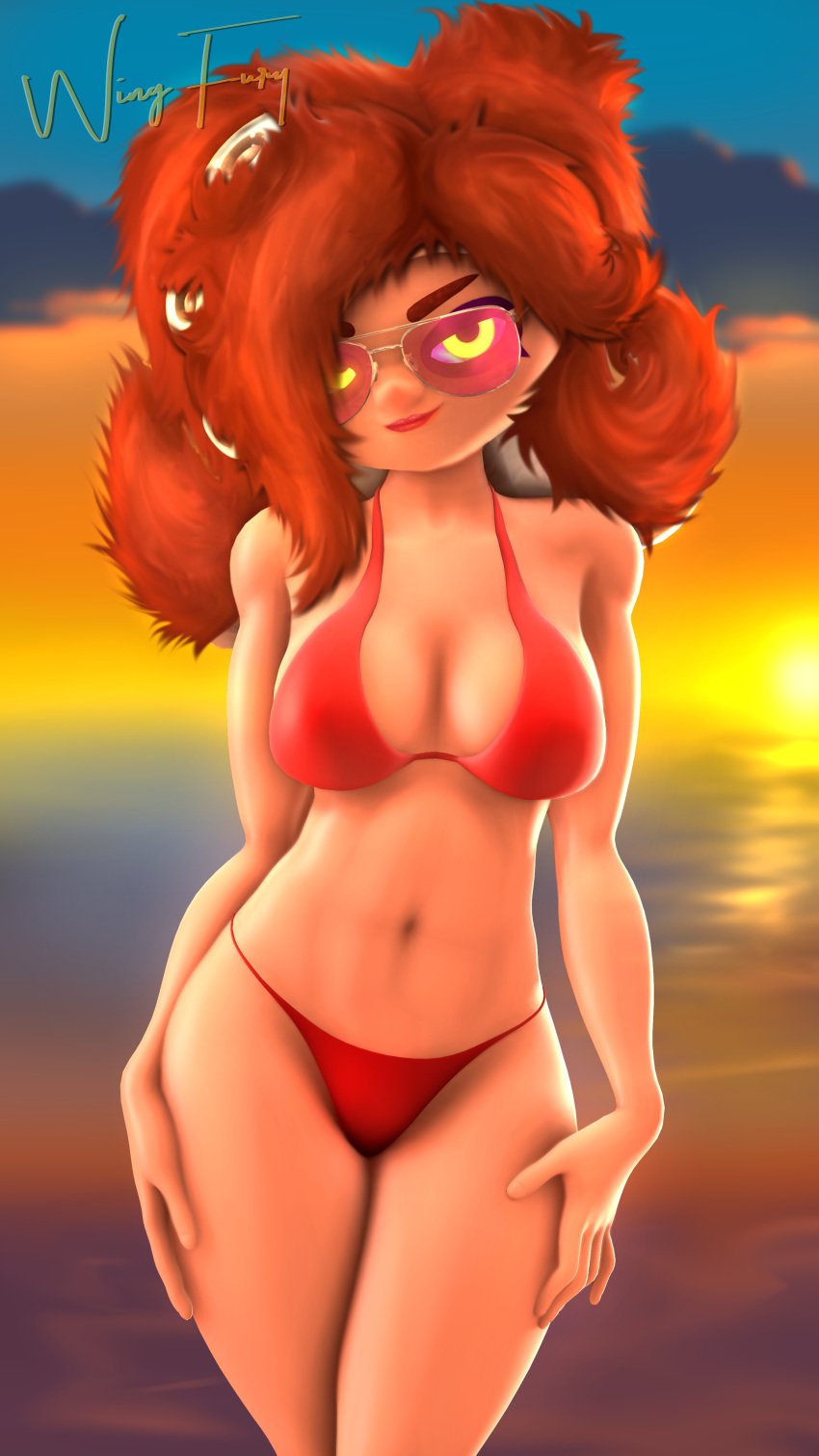 1girls 3d 3d_(artwork) beach bikini female_focus female_only fuzzy_octoling hand_on_hip lipstick looking_at_viewer midriff octoling octoling_girl octoling_rival pink_glasses red_bikini red_hair sfm splatoon splatoon_3 sunset tanned_female tanned_skin tentacle_hair wing_fury yellow_eyes