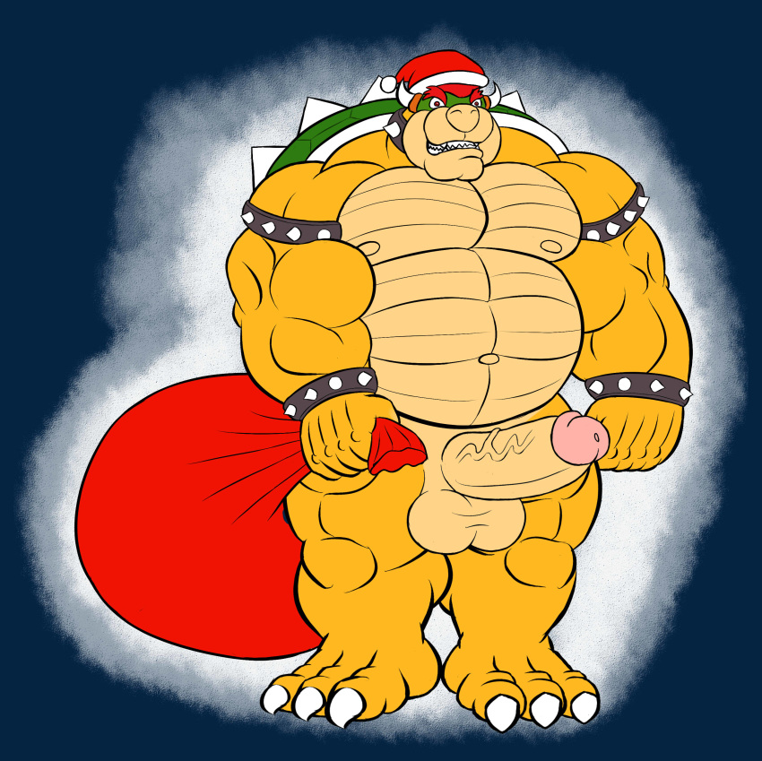 1boy abs anthro balls belly biceps big_balls bowser chubby claws erect_penis erection horns koopa krosbar_(artist) male male_only mario_(series) musclegut muscles muscular muscular_male nintendo nude overweight pecs penis reptile sack santa_claus santa_hat scalie shell smile solo spikes standing teeth turtle veiny_penis