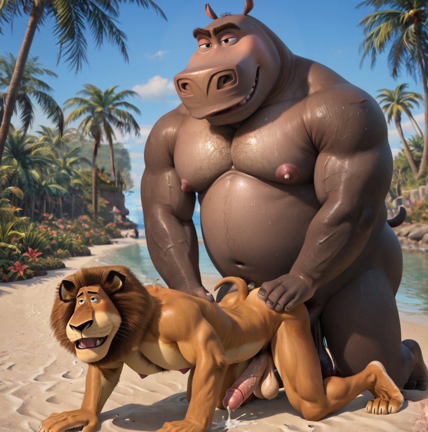 ai_generated alakay_alex anal anal_sex anthro balls big_balls big_penis booster_rex cumming daddy dreamworks feline gay gray_body hippo hippopotamus lion madagascar_(series) madagascar_escape_2_africa male male/male moto_moto muscular muscular_anthro muscular_male paramount_pictures penis yaoi yellow_fur yiff