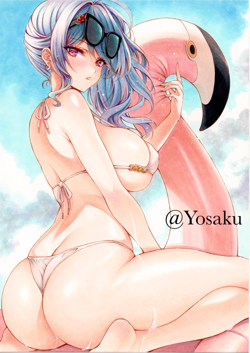 1girls ahoge ass azur_lane back barefoot bikini blue_hair blue_sky blush breasts eagle_union_(azur_lane) eyewear_on_head female highres inflatable_flamingo jewelry large_breasts light-skinned_female light_skin long_hair looking_at_viewer marker_(medium) official_alternate_costume outdoors purple_eyes side_ponytail sideboob skindentation solo st._louis_(an_afternoon_on_the_lido_deck)_(azur_lane) st._louis_(azur_lane) sunglasses swimsuit traditional_media water wet white_bikini yosaku_vs_hina