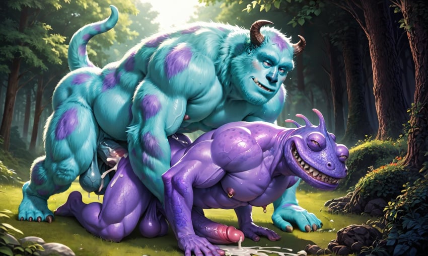 2boys 4_arms 4_legs ai_generated all_fours anal anal_sex anthro blue_fur booster_rex chameleon cum cumming cumming_inside cumming_while_penetrated cumming_while_penetrating disney doggy_style gay green_eyes male male/male male_only monster monsters_inc muscular muscular_anthro muscular_male purple_body purple_skin randall_boggs reptile scalie sulley yaoi