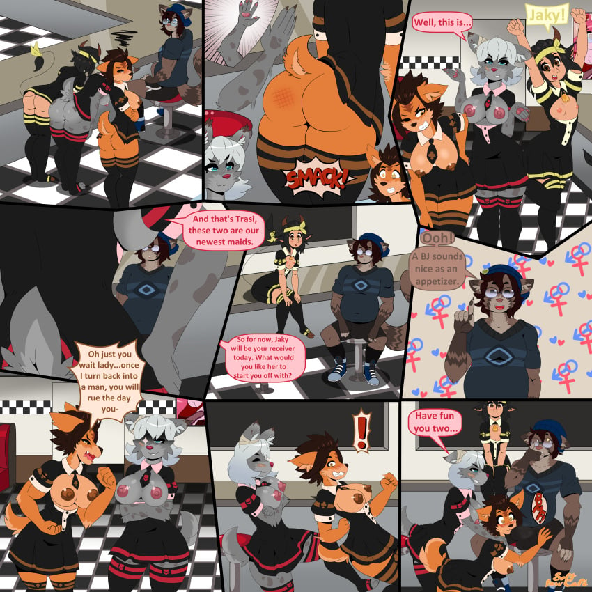 absurd_res anthro beanie canid canine clothed clothing dai_(softpawcafe) elderly eyewear felid female femboy glasses gran-meow_(softpawcafe) group hat headgear headwear hi_res humanoid jakal legwear maid_uniform male mammal mature_female musclegut muscular pantherine raccoon_dog skimpy snow_leopard softpawcafe tanuki thigh_highs uniform