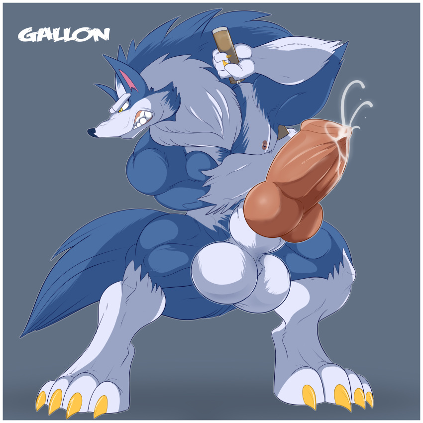 1boy aaron_(artist) animal_genitalia anthro balls biceps big_balls big_muscles big_penis blue_fur blue_nose canine canine_penis capcom claws clenched_teeth cum darkstalkers erection fangs fur gallon grey_fur hair huge_balls huge_cock jon jon_talbain knot leaking male male_only mammal muscles muscular muscular_male naked nipples nude nunchaku paws pecs penis pose precum sheath solo standing teeth thick_penis toe_claws toned video_games weapon were werewolf white_fur wolf yellow_eyes