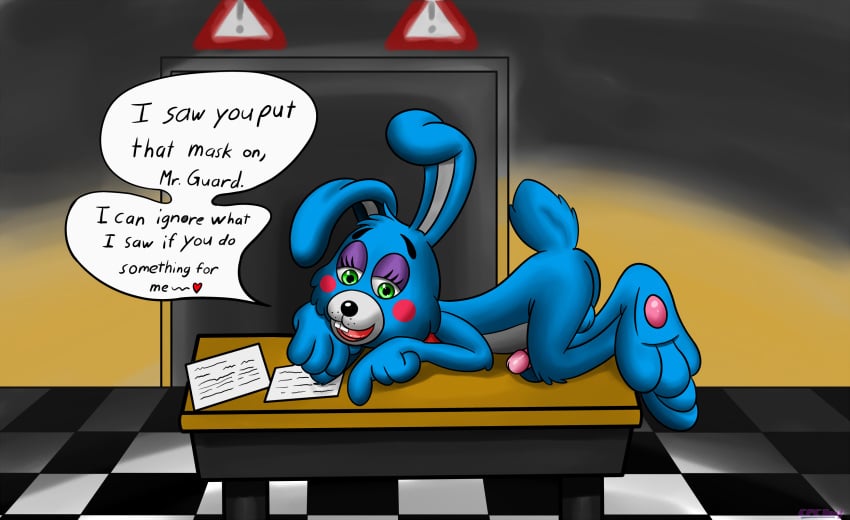 1boy anthro balls blue_fur cpctail desk dialogue english_text erection five_nights_at_freddy's five_nights_at_freddy's_2 fur green_eyes heart lagomorph male male_only mammal open_mouth penis rabbit rabbit_ears solo table text toy_bonnie_(fnaf)