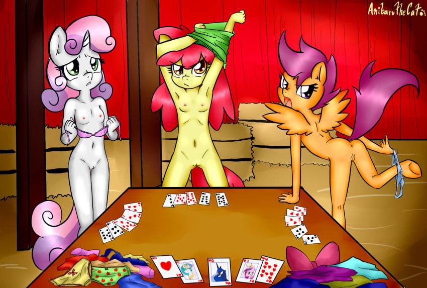 2014 3girls anibaruthecat anthro anthrofied anus apple_bloom_(mlp) ass bow bra cards clothes cutie_mark_crusaders earth_pony equine female female_only friendship_is_magic fur green_eyes group hair_on_head hay highres horn horse indoors long_hair looking_at_viewer mammal multiple_girls my_little_pony navel nipples nude open_mouth orange_fur panties panties_around_one_leg pegasus pony princess_cadance_(mlp) princess_celestia_(mlp) princess_luna_(mlp) purple_eyes purple_hair pussy raised_leg scootaloo_(mlp) standing strip_poker sweetie_belle_(mlp) two_tone_hair underwear undressing unicorn white_fur wings yellow_fur young