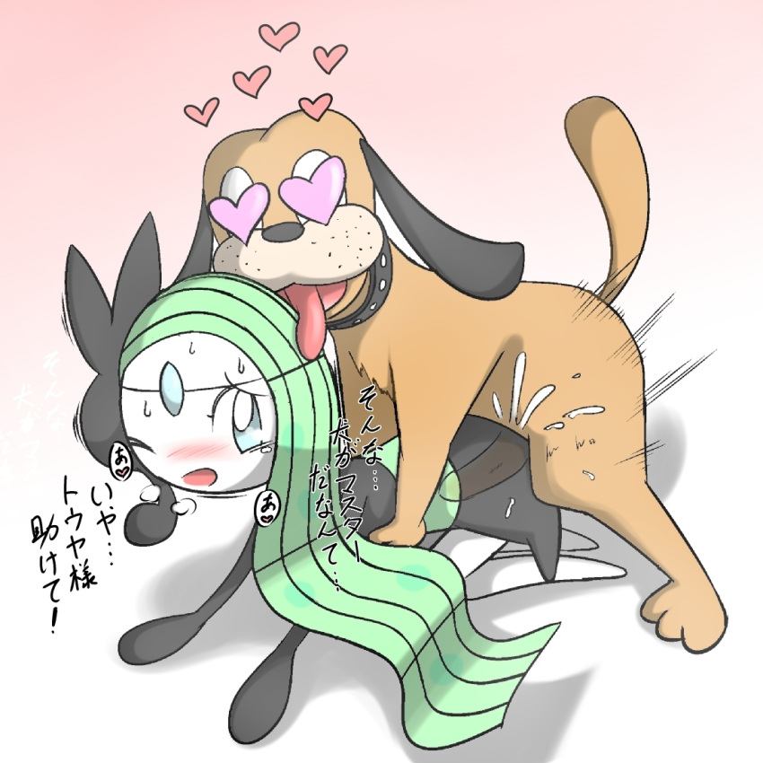 24651 blue_eyes blush brown_fur canine collar crossover cum dog doggy_style duck_hunt duck_hunt_dog feral game_freak green_hair heart heart-shaped_pupils hearts_around_head interspecies japanese_text long_green_hair long_hair male mammal meloetta nintendo open_mouth panting penis pokemon pokemon_on_feral sex sweat tears text tongue translation_request x-ray