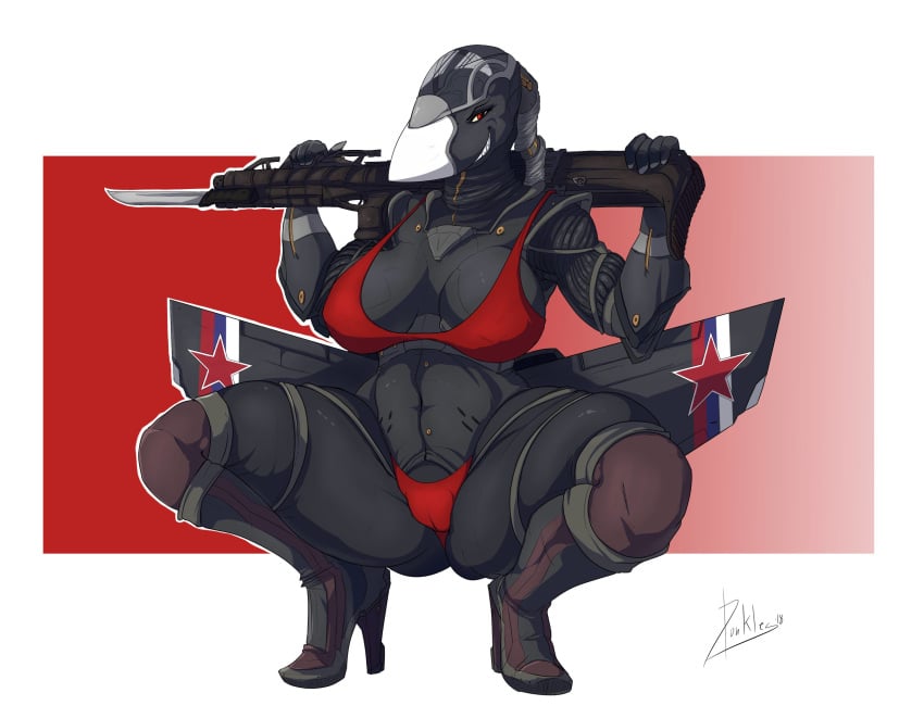 2018 aircraft anthro bayonet bikini boots breasts cameltoe clothed clothing crouching donkles female footwear gun high_heels holding_object holding_weapon knife living_aircraft living_machine looking_at_viewer machine ranged_weapon rifle shoes smile solo spread_legs spreading su-47 swimsuit thick_thighs underwear weapon wings