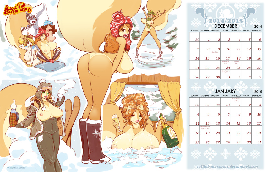 2014 alcohol anthro beverage big_breasts blonde_hair blue_fur bovine breasts calendar_(medium) cattle clothing december esmeralda_(zaftigbunnypress) feline female fur green_eyes grey_fur hair hot_tub huge_breasts january lips long_hair looking_at_viewer mammal navel nipples orange_fur penny_flynn pubes pussy rodent short_hair skunk smile spots squirrel thick_thighs voluptuous white_fur white_hair zaftigbunnypress