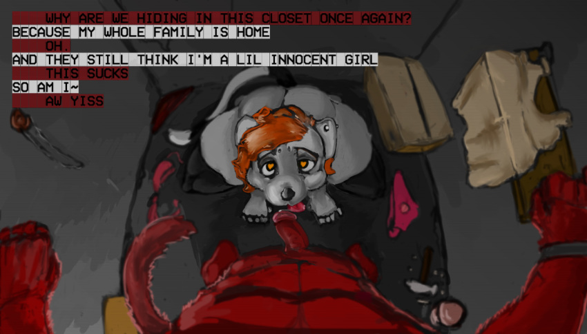 anthro dialogue duo english_text feline female focus_blur humanoid male mammal nude orange_hair penis piercing pov red_fur room silly sketch text tongue white_fur