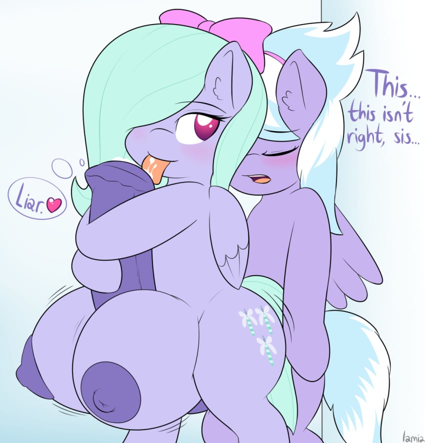 2015 animal_genitalia big_breasts blush breasts closed_eyes cloud_chaser_(mlp) color crotchboob crotchboob_paizuri crotchboobs cum cutie_mark dialogue dickgirl duo english_text equine female feral flitter_(mlp) friendship_is_magic hair hair_over_eye hairbow horsecock huge_breasts hyper hyper_breasts hyper_penis incest intersex lamiaaaa mammal my_little_pony nipples open_mouth oral paizuri pegasus penis sibling sisters text tongue tongue_out two_tone_hair wings