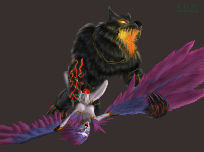 anthro avian canine cum duo feathers female fenrir_(smite) forced grey_background harpy male mammal monster pain penetration penis plain_background smite thunderewokb wings wolf