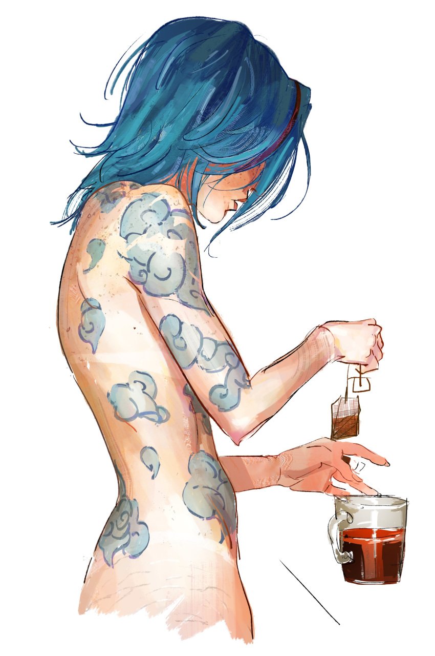 1girls arcane blue_hair casual_nudity drink female fupa jay0ni jinx_(league_of_legends) light-skinned_female light_skin nonsexual_nudity nude realistic_proportions side_view solo solo_female stretch_marks tattoo tea two_tone_hair white_background