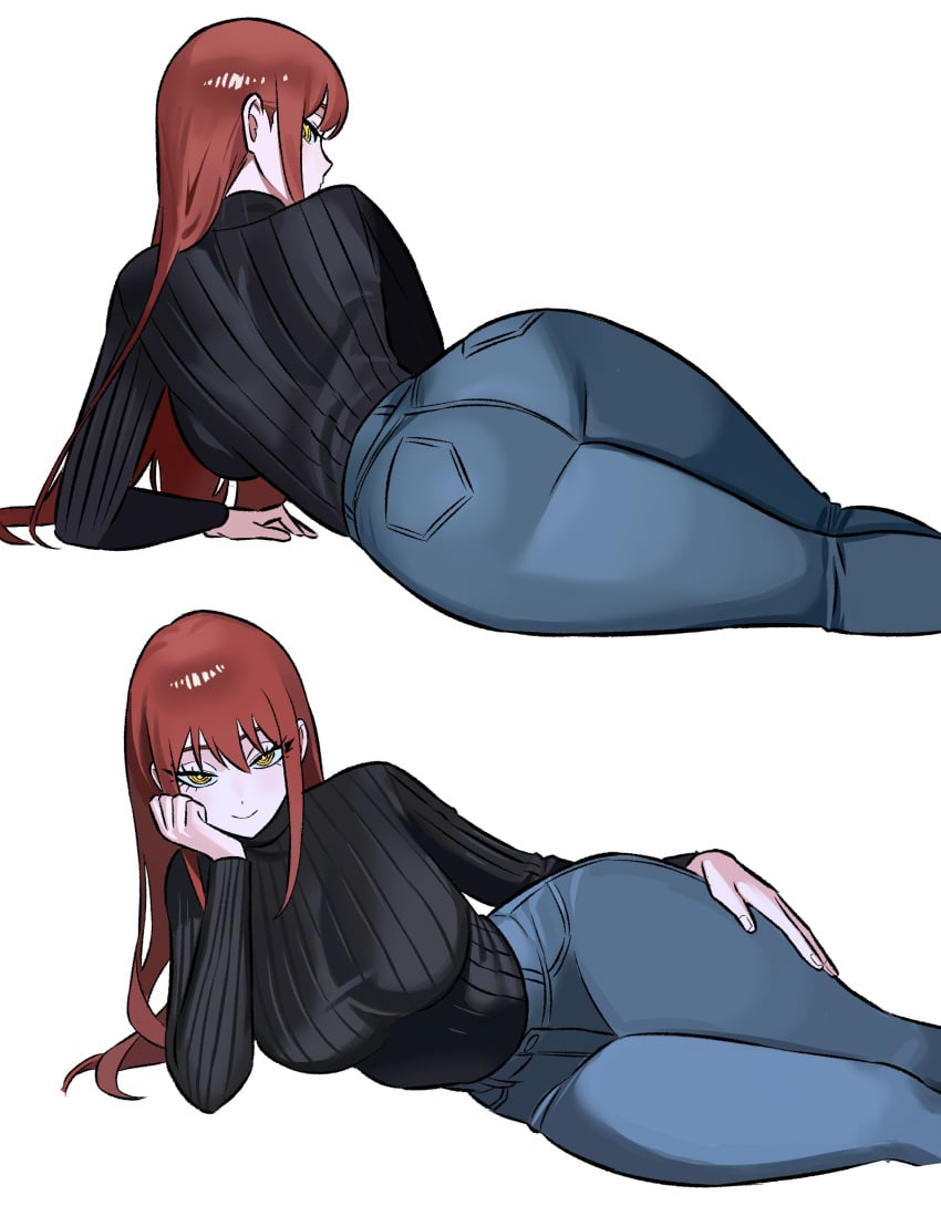 1girls ass big_ass big_breasts breasts chainsaw_man clothed dat_ass fat_ass female half-closed_eyes hand_on_hip hips jeans laying_down long_hair looking_at_viewer lying lying_down makima_(chainsaw_man) on_floor red_hair smile sole_female wide_hips zeon_(zzeeonn)