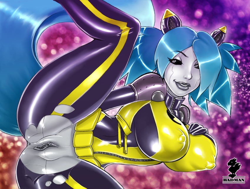 anthro big_breasts blue_hair breasts canine clothing female fox fox_tail foxeye hair machine mammal mechanical pussy robot solo torn_clothing