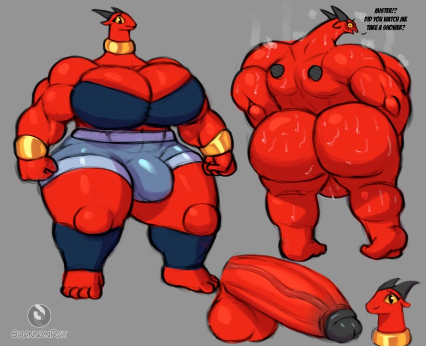 anthro ass barefoot big_breasts big_butt big_penis black_horn bodily_fluids bottomwear breasts clothing erection feet futanari genitals gynomorph hi_res horn hotpants huge_breasts huge_butt huge_cock hyper hyper_genitalia hyper_penis intersex model_sheet muscular muscular_intersex nipples nude penis red_body red_skin shannon_rat shorts solo sweat thick_thighs topwear tube_top vermelha_(shannonrat) yellow_eyes