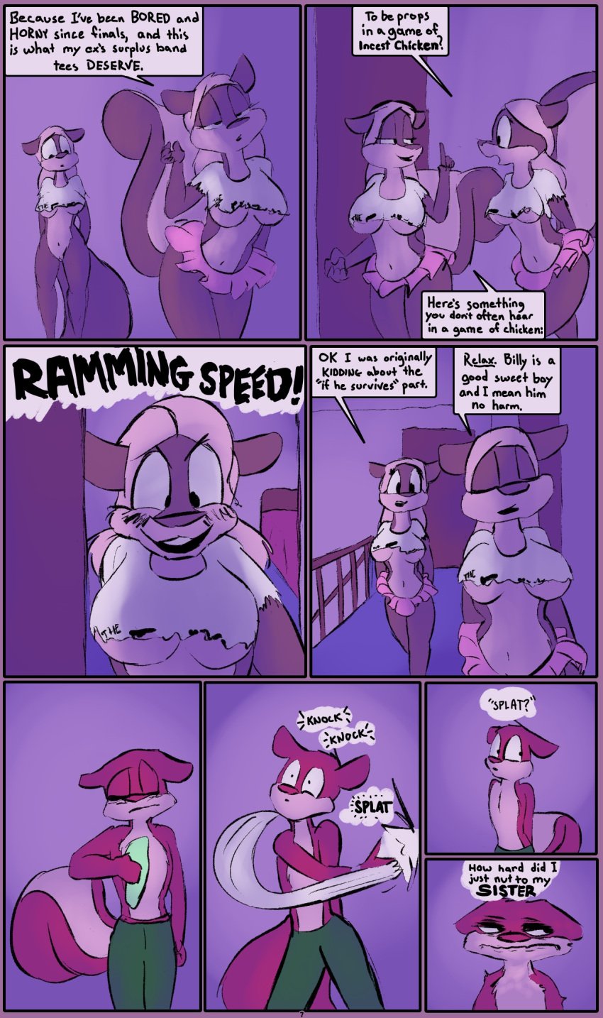 anthro billy_brambletree bottomwear clothing comic dialogue dirty_bunny english_text female hi_res incest_(lore) kelli_brambletree male mammal megan_brambletree mephitid sibling_(lore) skirt skunk text