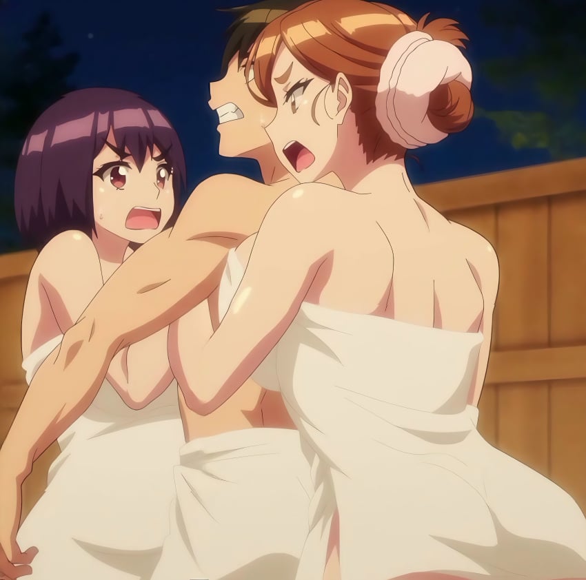 1boy 2020s 2024 20s 2d 2girls adam&#039;s_sweet_agony akari_(modaete_yo,_adam-kun) animated bangs big_breasts blushing braid breast_press breasts brown_eyes brown_hair button_down_shirt completely_nude female grabbing hentai hot_spring hug hugging hugging_from_behind kaede-sensei_(modaete_yo,_adamu-kun) male mature milf modaete_yo,_adamu-kun naked naked_towel night nude onsen open_mouth outdoors ponytail screencap short_hair steam studio_hokiboshi suiseisha teacher teenage_girl towel towel_only toyo