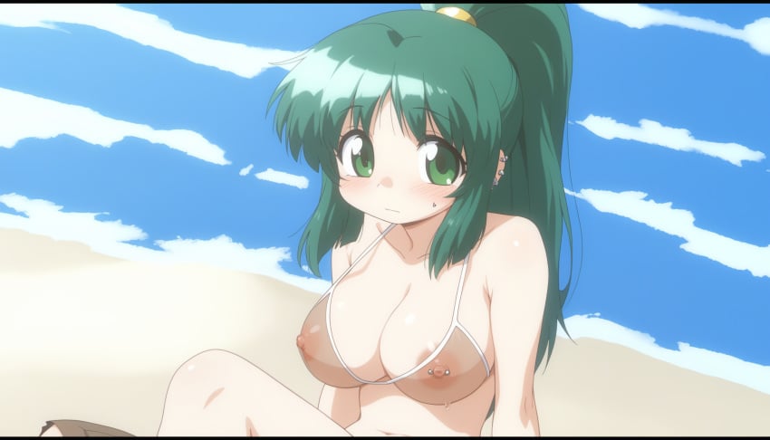 ai_assisted ai_generated beach big_breasts blush blush embarrassed embarrassed_female hidamari_sketch large_breasts nipple_piercing nude_filter pierced_nipples see-through see-through_clothing see-through_top swimsuit swimwear teacher yoshinoya