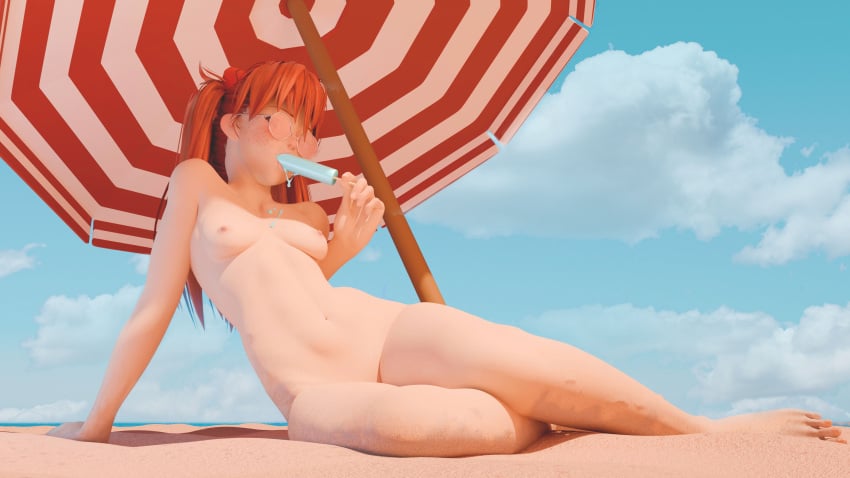 16:9 3d asuka_langley_sohryu beach bikini blue_eyes breasts feet freckles looking_at_viewer navel neon_genesis_evangelion nude nude_female popsicle red_hair sand solo sucking sunglasses sweat swimsuit tinted_eyewear