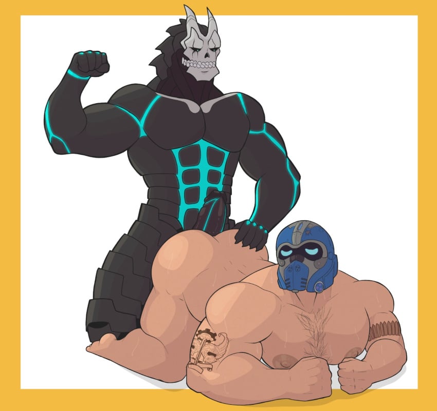 all_fours anthro arm_tattoo armor baraboy biceps body_hair bone boner clayton_carmine duo erection flexing from_behind_position gears_of_war glowing headgear helmet hi_res human humanoid kafka_hibino kaiju kaiju_no.8 male male/male male_only mammal mask monster nipples nude nude_male sex skull skull_mask tattoo