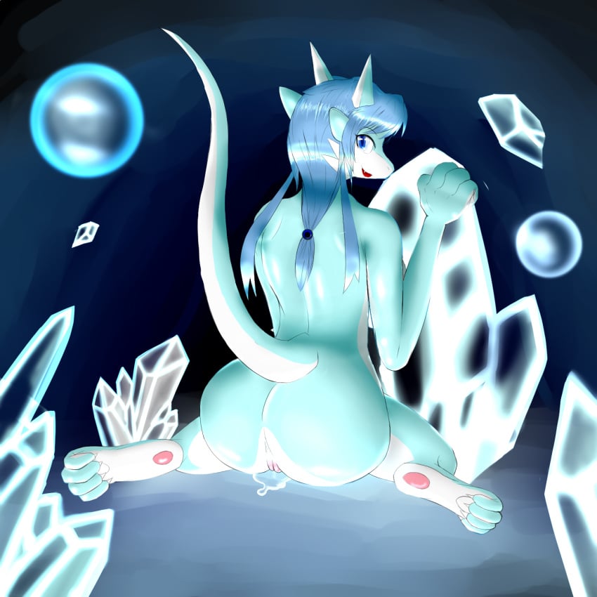 2014 anthro anus ass blue_body blue_eyes blue_hair bubble crystal dragon female hair kneeling looking_at_viewer looking_back nude open_mouth pussy pussy_juice raaggu raised_tail solo