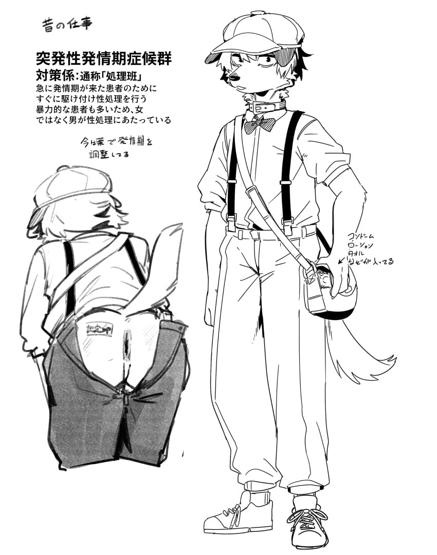 absurd_res anthro anus ass bent_over black_and_white bow_tie canid canine canis clothing collar domestic_dog footwear hat headgear headwear hi_res historical in_heat kemono male male/male male_anthro mammal monochrome novelty_clothing presenting presenting_hindquarters raised_tail rutting sex shoes simple_background solo suspenders tail text translation_check translation_request uro0000 work