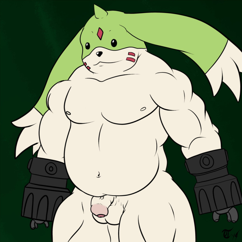 1boy anthro balls bandai barazoku chubby digimon flaccid gargomon male male_only musclegut muscles nipples nude partially_retracted_foreskin pecs penis solo standing terrykurosu uncut