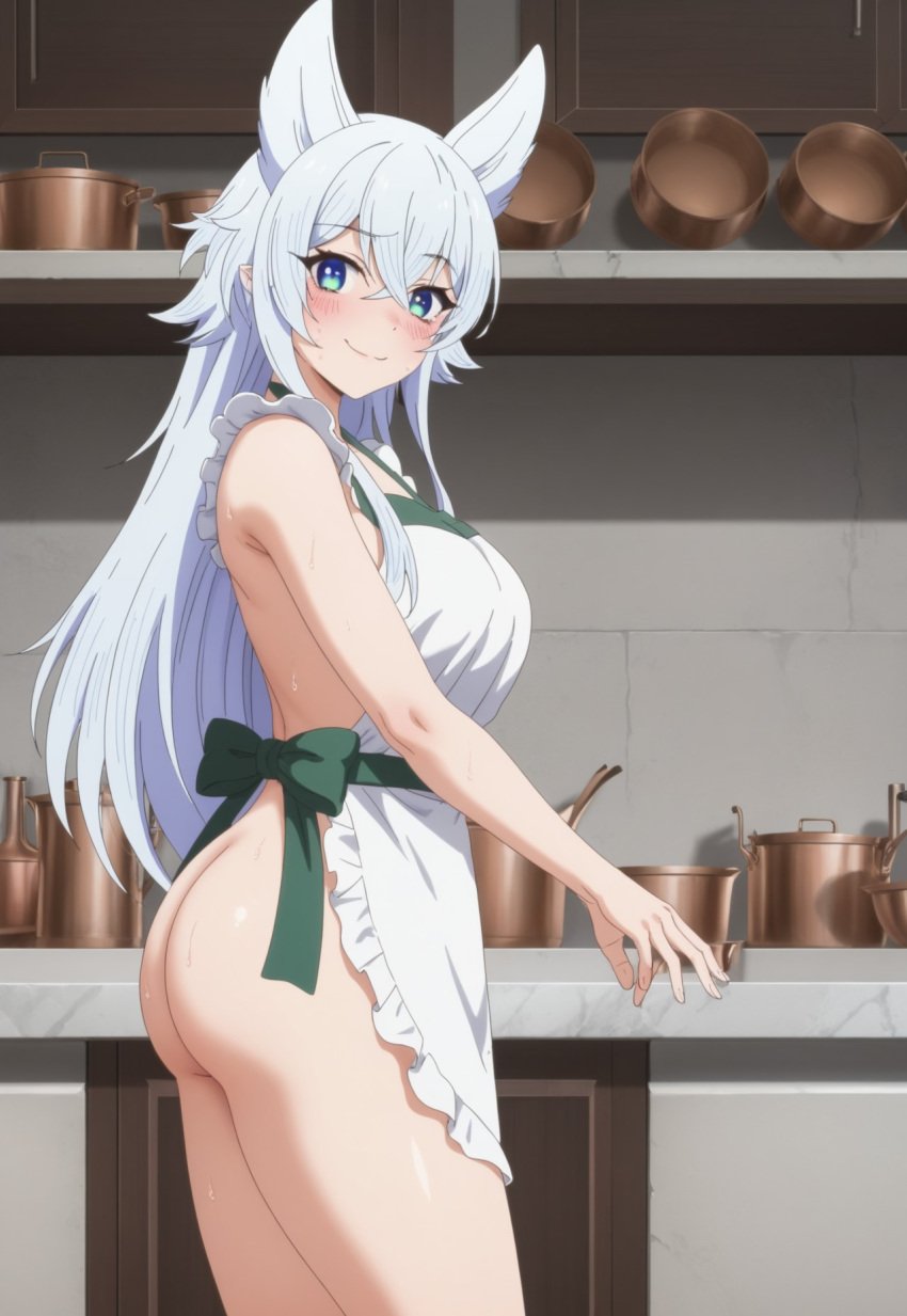 1female 1girls ai_generated apron ass bangs big_breasts blue_eyes breasts female female_only fenrys indoors light-skinned_female light_skin long_hair lv2_kara_cheat_datta_motoyuusha_kouho_no_mattari_isekai_life maid_apron silver_hair solo solo_femalevery_long_hair survebeak46, wolf_ears wolf_girl wolf_humanoid