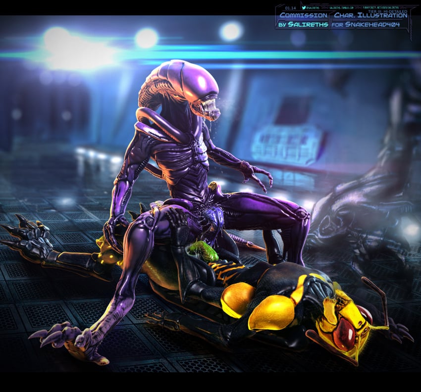 3d alien alien_(franchise) anal anal_sex anthro arthropod claws cowgirl_position detailed drooling duo erection gay hi_res insects interspecies male on_top penetration penis purple_body salireths saliva sex spacecraft straddling unusual_penis xenomorph yellow_body