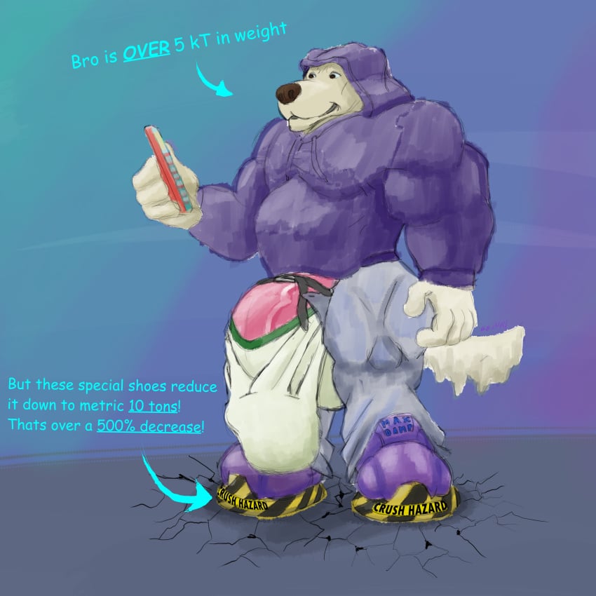 absurd_res anthro belt big_bulge big_muscles big_penis bottomwear bulge canid canine canis clothed clothing cracked_ground cracks domestic_dog electronics footwear genitals hi_res hoodie huge_cock hyper hyper_genitalia hyper_penis kuvasz livestock_guardian_dog male mammal musclegut muscular muscular_male pants pastoral_dog penis phone seinki shoes solo topwear underwear