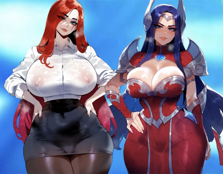 2girls ahri_(cosplay) ai_generated big_breasts blue_eyes blue_hair breasts child_bearing_hips curvaceous curvaceous_body curvaceous_female curvaceous_figure curvaceous_hips curvaceous_thighs curvy curvy_body curvy_female curvy_figure curvy_hips curvy_thighs female female_focus female_only green_eyes hand_on_hip irefkat irelia_xan katarina_du_couteau large_breasts league_of_legends looking_at_viewer looking_pleasured milf_material nipples_visible_through_clothing pov red_hair riot_games scar simple_background thick thick_hips thick_legs thick_thighs voluptuous voluptuous_female waifu wide_hips wife_material