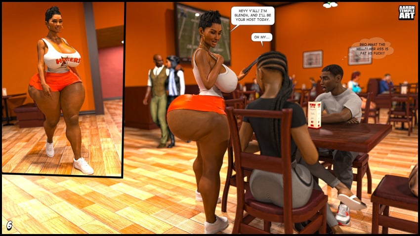 1boy 2girls 3d aarontempleart ass big_ass big_breasts big_thighs breasts bust busty butt curvaceous curvy curvy_figure dark-skinned_female dark-skinned_male dark_skin dialogue english_text enormous_ass enormous_breasts fat_ass female gigantic_ass glenda_johnson hips hooters hooters_uniform hourglass_figure huge_ass huge_breasts huge_butt huge_thighs human human_female human_male hyper_ass indoors large_ass large_breasts large_thighs male male/female massive_ass mature mature_female original original_character original_characters round_ass slim_waist straight thick thick_ass thick_hips thick_legs thick_thighs thighs top_heavy voluptuous waist wide_ass wide_hips wide_thighs