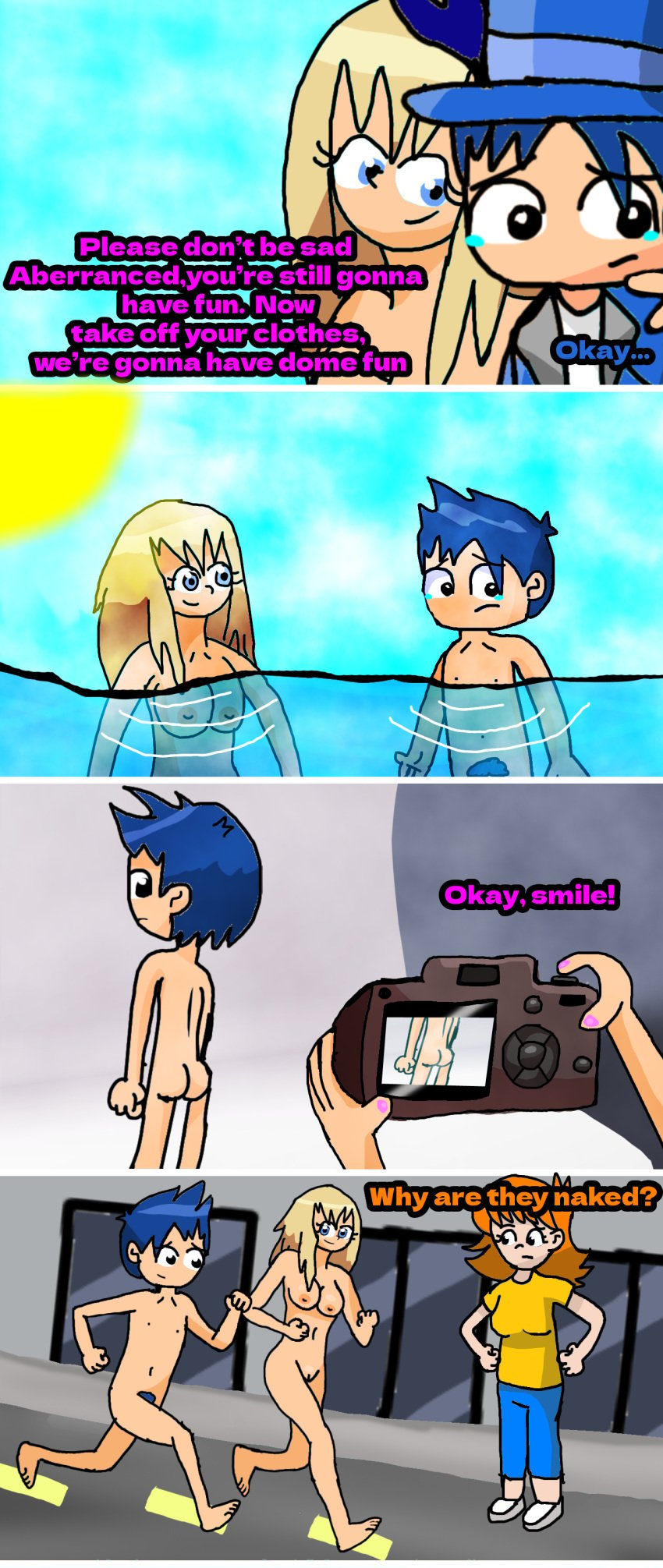 1boy 2girls abby_(retropunch) aberranced_(spongebobartypants) ass barefoot blonde_hair blue_eyes blue_hair breasts camera clothed_female_nude_female clothed_female_nude_male comic completely_nude completely_nude_female completely_nude_male jeans long_hair long_hair_female monica_and_veronica navel nipples nude nude_female nude_male oc orange_hair original original_characters penis picture pubic_hair public_nudity pussy road running sad shirt shoes short_hair short_hair_female short_hair_male skinny_dipping spongebobartypants streaking text top_hat undressing veronica_(monica_and_veronica) white_shoes yellow_shirt