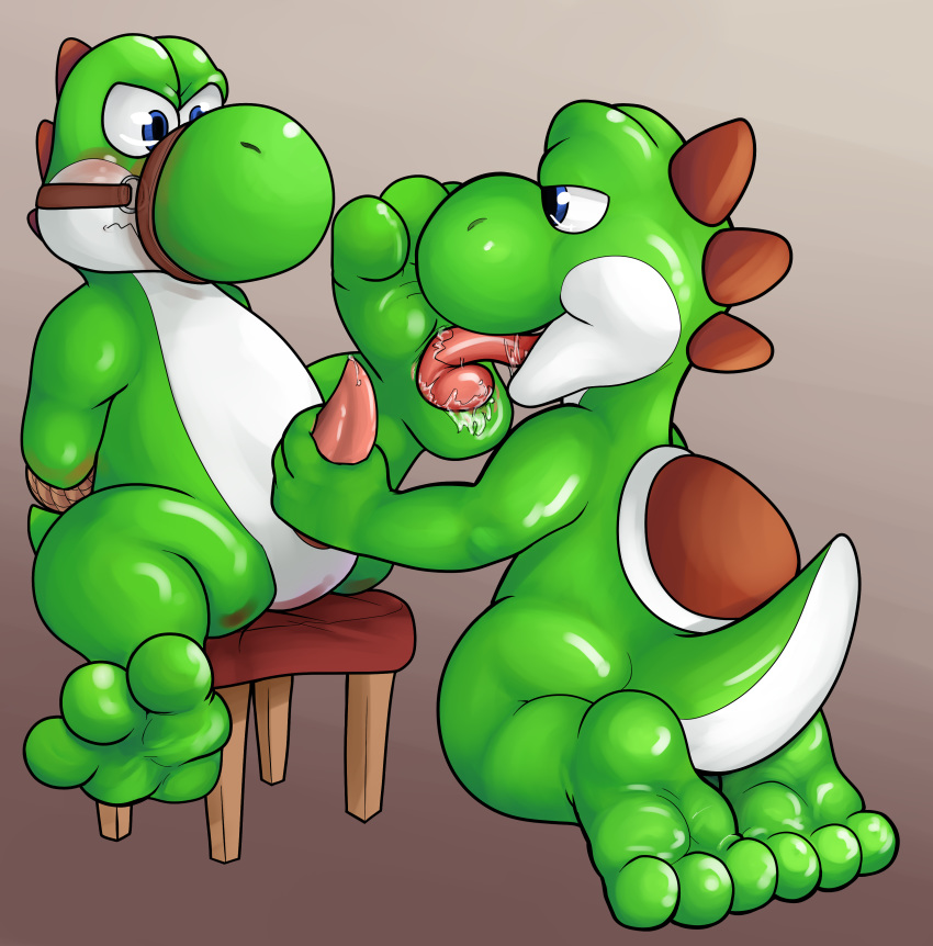 2014 3_toes anthro arms_behind_back blush bondage bound dinosaur domination duo erection foot_fetish foot_lick furry furry_only futonmania gay handjob kneeling licking male mario_(series) muzzle_(object) muzzled nintendo penis rope_bondage scalie soles toes tongue tongue_out yoshi